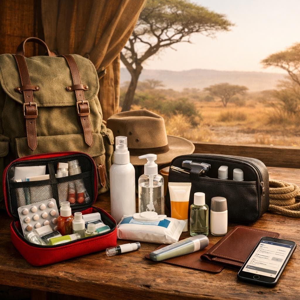 A luxury African safari packing preparation scene
